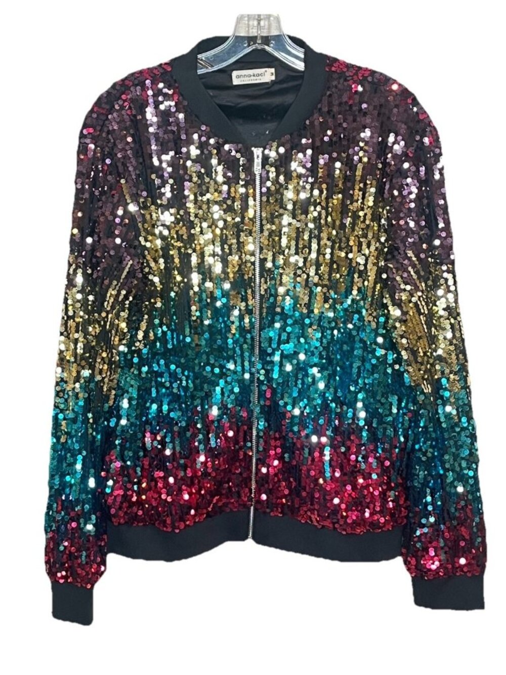 Anna Kaci Sz M Sequin Bomber Jacket Multicolor Ombre Sprakle Party Zip Up NYE